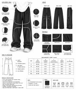 Pantalon cargo baggy pour homme grande taille, avec bordure contrastée, cordon de serrage, style streetwear décontracté, coton lavé, OEM - Product Image 6