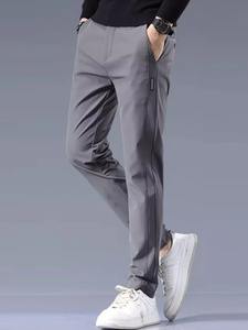 Pantalones informales de verano para hombre, color gris claro, estilo Caballero de negocios, algodón, medio semielástico, nailon, seda helada, tubo recto elástico - Product Image 4