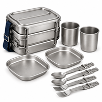 Ensemble de vaisselle compact en acier inoxydable pour deux personnes, vaisselle de camping avec assiettes, tasses, couverts pliables pour les voyages