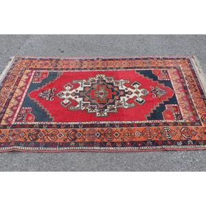 Vintage Turkish Patchwork Rug 4x7.3 ft (122x223 Cm) <b>Red</b> <b>Wool</b> Eco-Friendly Latex Backed - Product Image 2