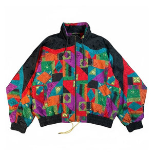 Geometric Print <b>Zip</b> <b>Up</b> <b>Jacket</b> 90s Street Style Color Block Design <b>Jacket</b> For Streetwear And Casual Use - Product Image 1