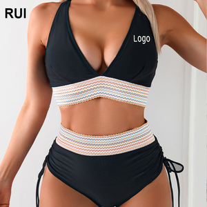 RUIQUWIN Bikini de verano para mujer de punto Deep V sin espalda Sexy de dos piezas ropa de playa Push-up traje de baño en colores de contraste - Product Image 1
