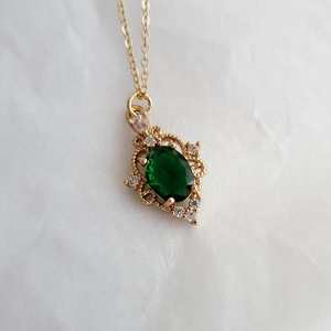 <b>Emerald</b> Green Jewel 925 Sterling Silver 14k Gold Plated Vintage Filigree Link Chain Charm <b>Necklace</b> Bridgerton Gift for Her - Product Image 1