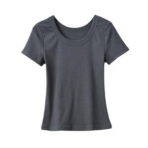 Camiseta de manga corta acanalada de algodón de verano para mujer, camiseta informal de moda sólida con hombros regulares, punto teñido liso - Product Image 2
