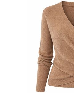 Women Camel <b>Brown</b> Wrap Style Knit Sweater <b>Long</b> <b>Sleeve</b> V Neck Soft Casual Winter <b>Top</b> Elegant Ladies Fashion Pullover Daily Wear - Product Image 3