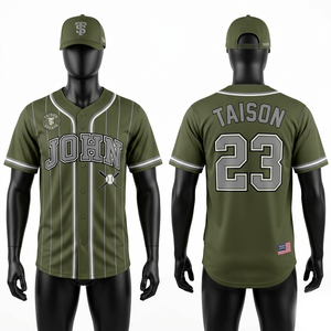 Camiseta de Softbol Premium de Poliéster 160 GSM, Verde Oliva con Rayas, Cierre de Botones, Logotipo Personalizado en Tela Tackle Twill - Product Image 1