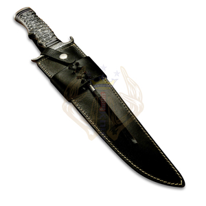 Cuchillo Bowie de Acero de Damasco Hecho a Mano - Cuchillo de Caza Profesional con Funda de Cuero, Empuñadura Ergonómica de Madera, Regalo Ideal - Product Image 2