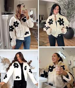 Femmes imprimé fleuri Sherpa polaire veste hiver recadrée manteau fermeture éclair à manches longues vêtements d'extérieur décontractés toile haute rue poches - Product Image 3