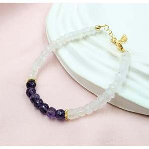 Rainbow Moonstone & Amethyst Beaded Bracelet Gold Plating <b>Charm</b> Ball-shaped Religious <b>Bangles</b> Featuring Pearl Main Stone Gift - Product Image 3