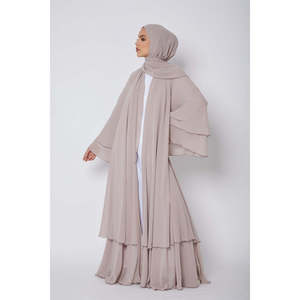 Abaya ouverte beige français avec motif superposé en tissu de mousseline - Product Image 6