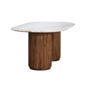 Table à manger unique avec base en bois de manguier massif et dessus en marbre blanc naturel à motif rond - Product Image 2