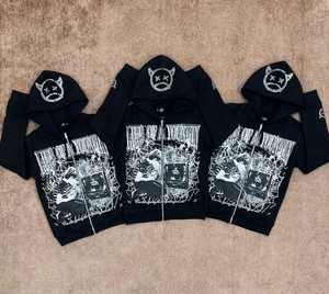 เสื้อฮู้ดดี้สตรีทแวร์ผ้าฝ้ายฟลีซแบบยูนิเซ็กซ์สำหรับฤดูใบไม้ร่วง ผลิตจากวัสดุเป็นมิตรกับสิ่งแวดล้อม พร้อมลายปักคริสตัล พิมพ์ซิลค์สกรีนทั้งด้านหน้า ซิปด้านหน้าทั้งตัว ป้ายกำกับแบบกำหนดเอง - Product Image 2