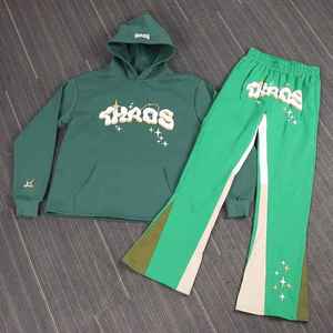 Ensemble de survêtement deux pièces unisexe personnalisé en molleton 100 % coton respirant 450g avec ourlet brut et pantalon de survêtement évasé à effet superposé, sérigraphie - Product Image 5