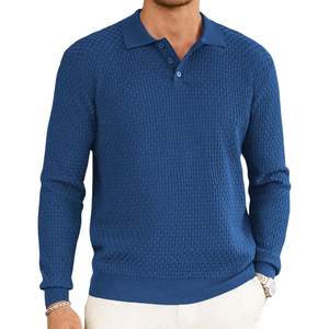 Polo à manches longues en tricot texturé bleu royal pour homme, personnalisation de la marque, haute qualité, doux, respirant, haut de sport décontracté - Product Image 1