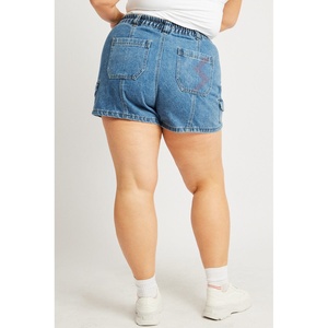 100% algodón de cintura alta Denim Cargo mujeres pantalones cortos bolsillos laterales cinturón-loop cintura de talla grande Casual Cargo corto transpirable pantalón - Product Image 4