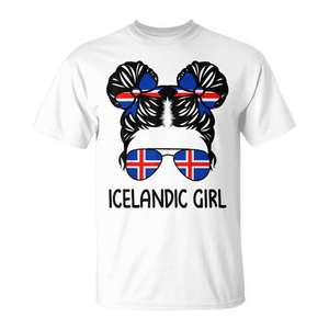 T-shirt pour fille islandaise avec drapeau, lunettes de soleil et nœuds, design patriotique pour femmes et enfants - Product Image 1