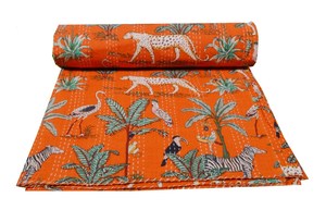 Indian Hand Block Jungle Safari Print Kantha Quilt Twin/Queen/King Kantha <b>Throw</b>, Bedspread Cotton, Kantha <b>Bed</b> Cover Quilt Queen - Product Image 4