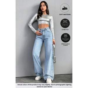 Jeans de Mujer Vintage de Corte Regular, Cintura Media, Pierna Ancha, Color Azul Claro - Estilo Y2K High Street, 100% Algodón, Transpirables y Ecológicos - Product Image 2