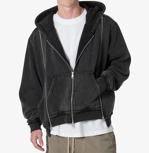 Sweats à capuche en coton éponge lavé 100% personnalisés pour hommes de haute qualité Vintage Distressed Acid Wash Zip-Up Design pour l'hiver - Product Image 1