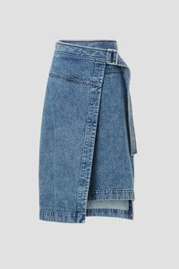 Minifalda vaquera asimétrica de cintura alta para mujer, estilo casual con cinturón cruzado y lazo, de algodón lavado a la piedra, estilo primavera - Product Image 1