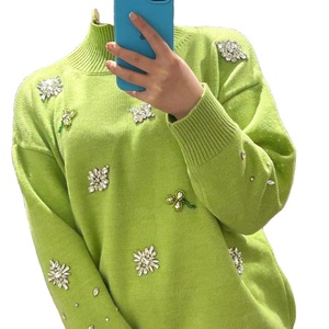 Pull en laine/acrylique pour femme, style coréen, coupe ample, tissu tricoté durable, manches longues, col écharpe, ornements - Product Image 4