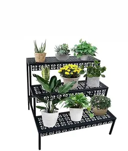 Metal Black Rectangular Ladder Flower <b>Pots</b> Plant Display Rack 3 Tiers Metal Plant <b>Stand</b> For Outdoor Indoor in Best Price - Product Image 1