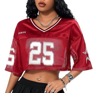 เสื้อฟุตบอลอเมริกันพิมพ์ลาย OEM สำหรับผู้หญิงเสื้อยืดครอปแขนสั้นพิมพ์ซับลิเมชันขนาดใหญ่พิเศษเปิดไหล่ตก - Product Image 2