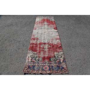 Alfombra de lana hecha a mano Vintage rojo beige estilo Patchwork 3X9.8ft alfombra de felpa de pasillo rectangular con respaldo de látex de 10mm de espesor - Product Image 1