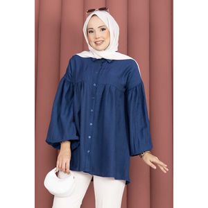 เสื้อคลุมสตรีสีน้ำเงินกรมท่าสไตล์วินเทจลำลอง ไซส์ XL ผ้าป๊อปลินลิน แขนยาวทรงบอลลูน ปกเสื้อแบบปกเชิ้ต ตกแต่งด้วยลูกไม้ ทรงครอป ผ้าทอ - Product Image 2