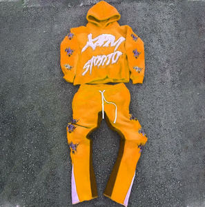 Custom Logo <b>Slim</b> Fit Plus Size Distressed Embroidery <b>Patch</b> 100% Cotton Tracksuit Set with Fleece Solid Sweatpants & Hoodies - Product Image 3