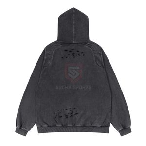 Sudadera con Capucha Vintage Negra con Lavado Ácido, Paneles de Hombro Acanalados, Sudadera de Felpa de Algodón Desgastada - Product Image 2