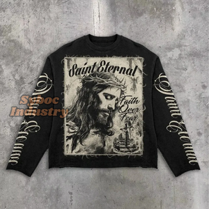 เสื้อยืดแขนยาวสองชั้นสำหรับผู้ชายซักแบบกรดเสื้อยืดผ้าฝ้าย200 GSM น้ำหนักมากแบบกำหนดเอง - Product Image 6