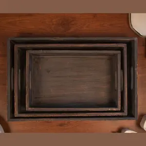 Bandeja decorativa Floral tallada intrincada de madera negra Bandeja de servicio rústica con asas Bandeja de madera rectangular para decoración del hogar - Product Image 2