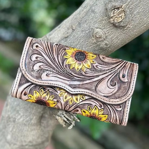 Western Real Hair on Hand <b>Tooled</b> <b>Leather</b> Women Sunflower Tote Bag Stylish Hand Carving <b>Leather</b> Floral Cowgirl Wallet Combo Set - Product Image 3