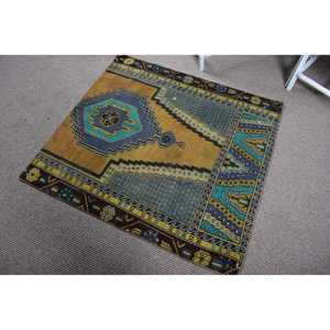 Alfombra Turca Vintage Pequeña de 3.3x3.6 pies (102x110 cm), Alfombra Azul Marroquí - Product Image 4