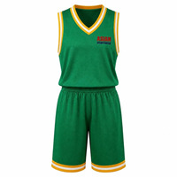 Tenues de basket rétro personnalisées, ensemble maillot et short, vert et or, maille respirante, col en V, séchage rapide