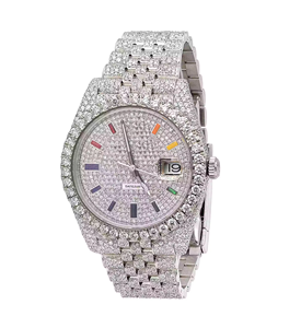 Montre sport en acier inoxydable sertie de diamants Moissanite, mouvement ETA, bracelet en cuir, étanche, cadran analogique en verre, boîtier unisexe - Product Image 2