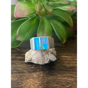Navajo Handmade Sterling Silver <b>Ring</b> with Natural <b>Blue</b> <b>Opal</b> Inlay Size 9.5 Boho Geometric Statement Jewelry - Product Image 1