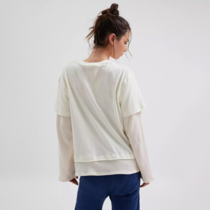 Camiseta de gran tamaño para mujer con mangas en capas, dobladillo de tela de gofre en contraste, ropa de calle informal, Camiseta de algodón 100% holgada a la moda - Product Image 3