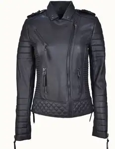 Women's Black Biker Leather Jackets Ladies Sheep Leather Fashion Jacket Zipper Long Sleeve Moto Biker Female Wholesale Jacket