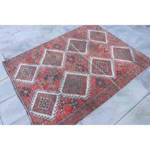 Vintage Turkish Rug, 4.2x5.6 ft Rug, <b>Red</b> Blue Solid <b>Wool</b> Rug - Product Image 3