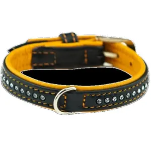 Top Selling Black Real Leather Made Dog Collar with Yellow Padded & Crystals Studs Dog Collar Top Indian Supplier Manufacturer