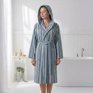 Peignoir turc antique en coton, rayé bleu et vert sarcelle, à capuche - Product Image 1