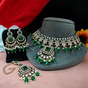 ชุดสร้อยคอ zircon และ Moissanite ระดับพรีเมี่ยมของอินเดียสำหรับเด็กผู้หญิงและผู้หญิงที่มีไข่มุกแขวนเหมาะสำหรับเจ้าสาวเพื่อนเจ้าสาวงานแต่งงาน - Product Image 4