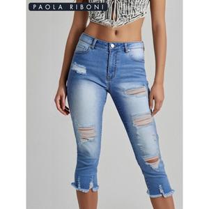 Paola Riboni Women's Ripped Capri Jeans High Waist Skinny Fit Light Wash Denim Pants Calf Length Raw Hem With Pockets - Product Image 1