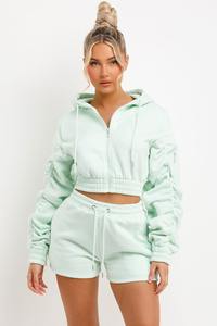 2025 New High Neon <b>Green</b> Color Cropped Zipper Hoodie Sweatshirts For Women's Custom Cotton Two Piece Sets Hoodie & <b>Shorts</b> - Product Image 3