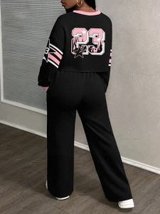 Survêtement en coton molletonné uni pour femmes, taille moyenne, grande taille, vêtements de rue d'hiver, teinture unie avec broderie, vente en gros OEM - Product Image 2