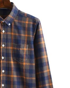 Manufacturer Custom <b>Mens</b> Navy <b>Brown</b> Check Flannel <b>Shirt</b> Button Down Long Sleeve Casual Plaid <b>Shirt</b> Chest Pocket Soft Warm Wear - Product Image 2