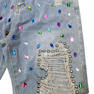 Summer Sexy Ripped Man Designer Street Gem Diamond Crystal Rhinestone Beaded High Waist Straight Woven Custom Denim Shorts - Product Image 2