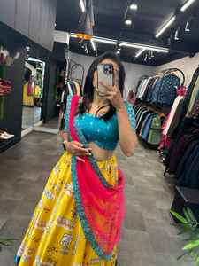 Impresión digital Lehenga Choli Yellow Palki Choli Diseñador elegante Choli Indio - Product Image 3